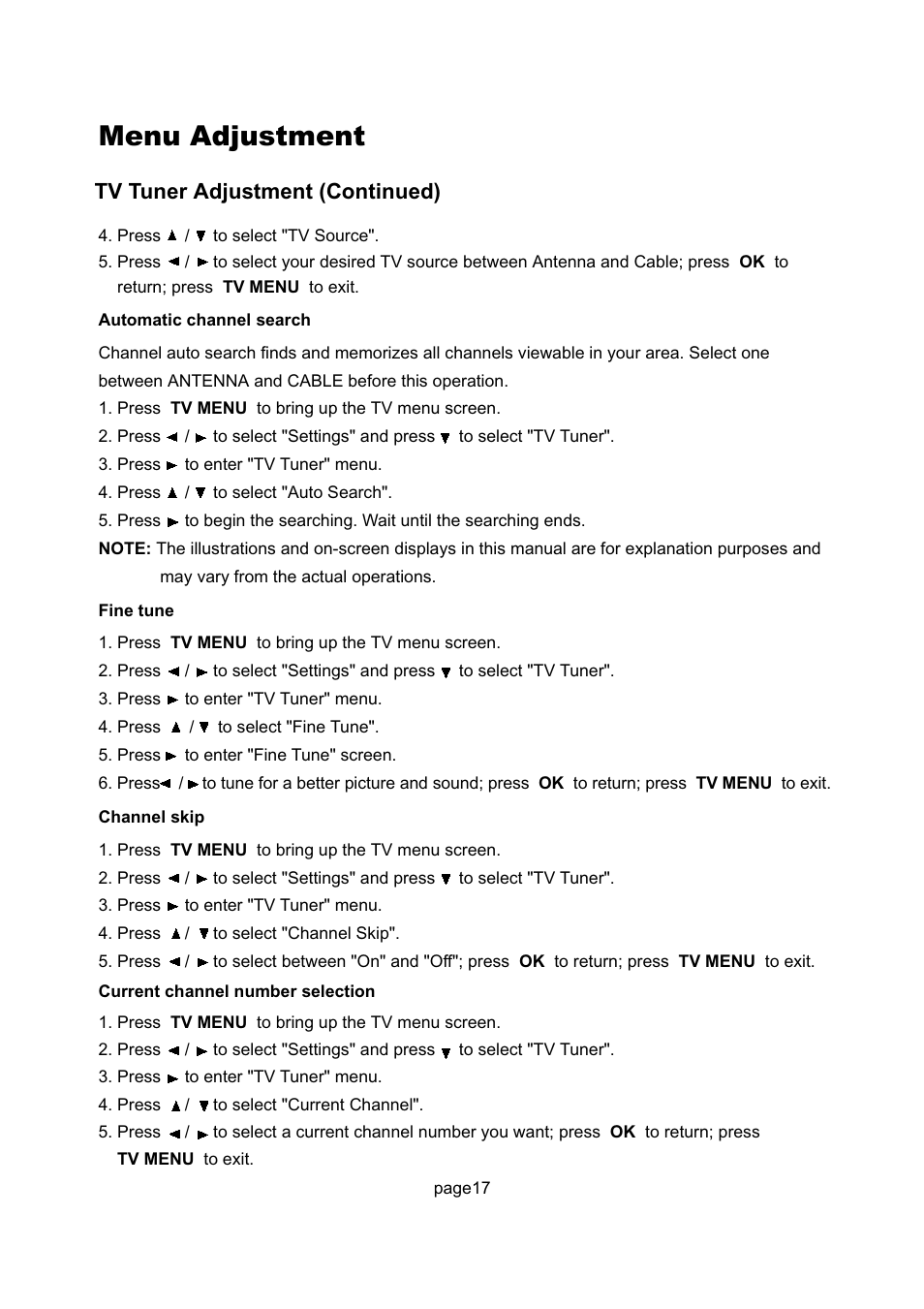 Menu adjustment, Tv tuner adjustment (continued) | Philips Magnavox 17MD250V User Manual | Page 20 / 49