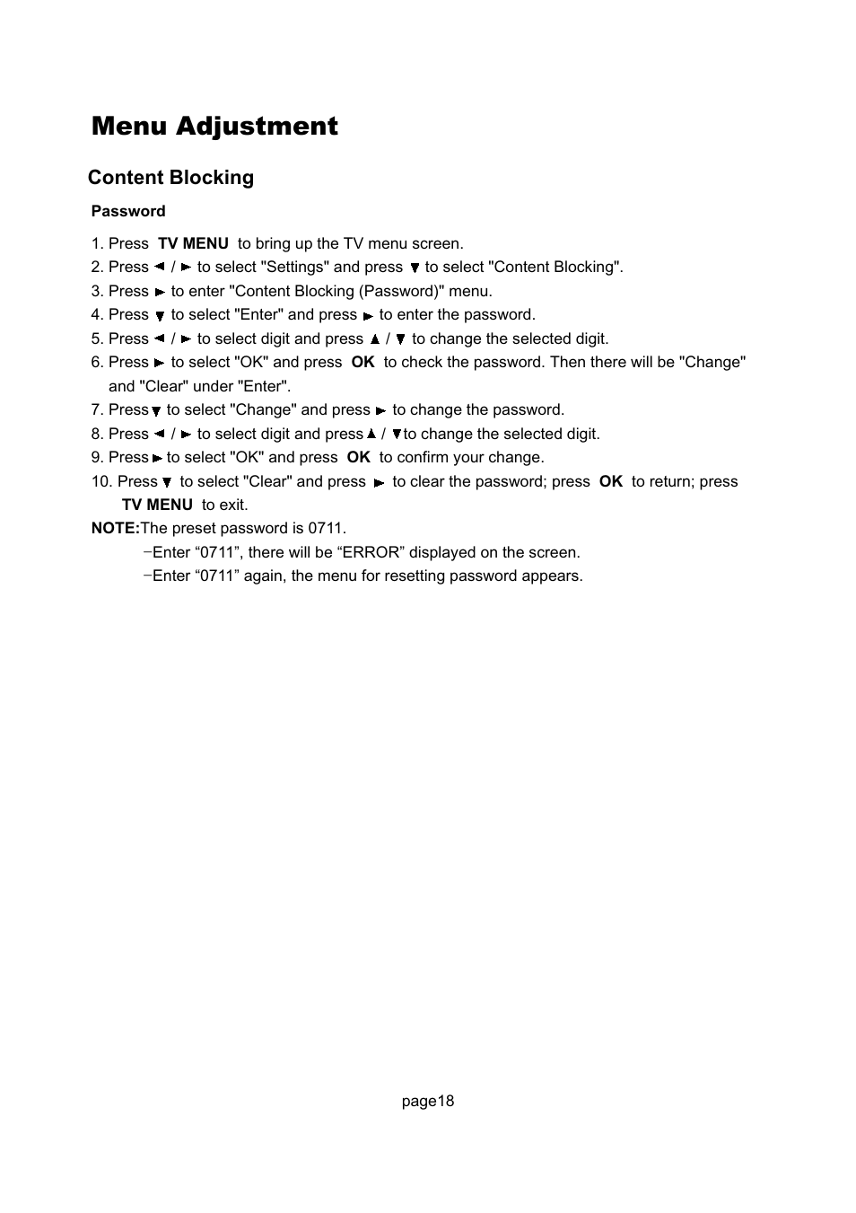 Menu adjustment, Content blocking | Philips Magnavox 17MD250V User Manual | Page 21 / 49