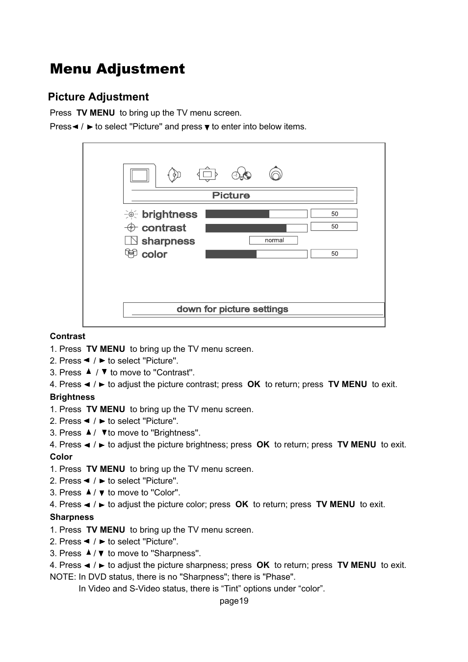 Menu adjustment, Picture adjustment | Philips Magnavox 17MD250V User Manual | Page 22 / 49