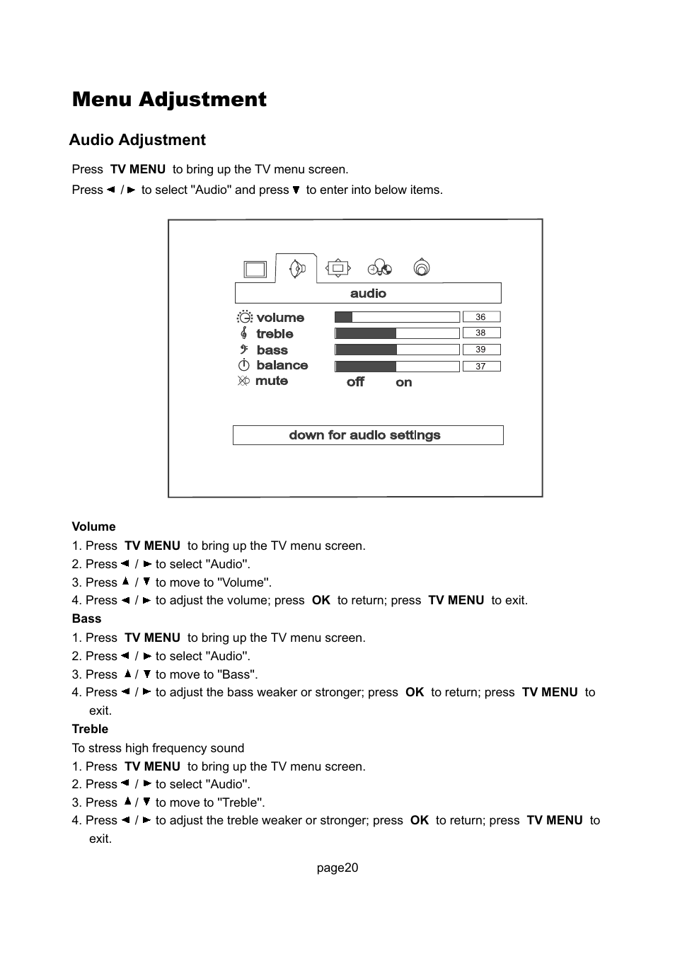 Menu adjustment, Audio adjustment | Philips Magnavox 17MD250V User Manual | Page 23 / 49