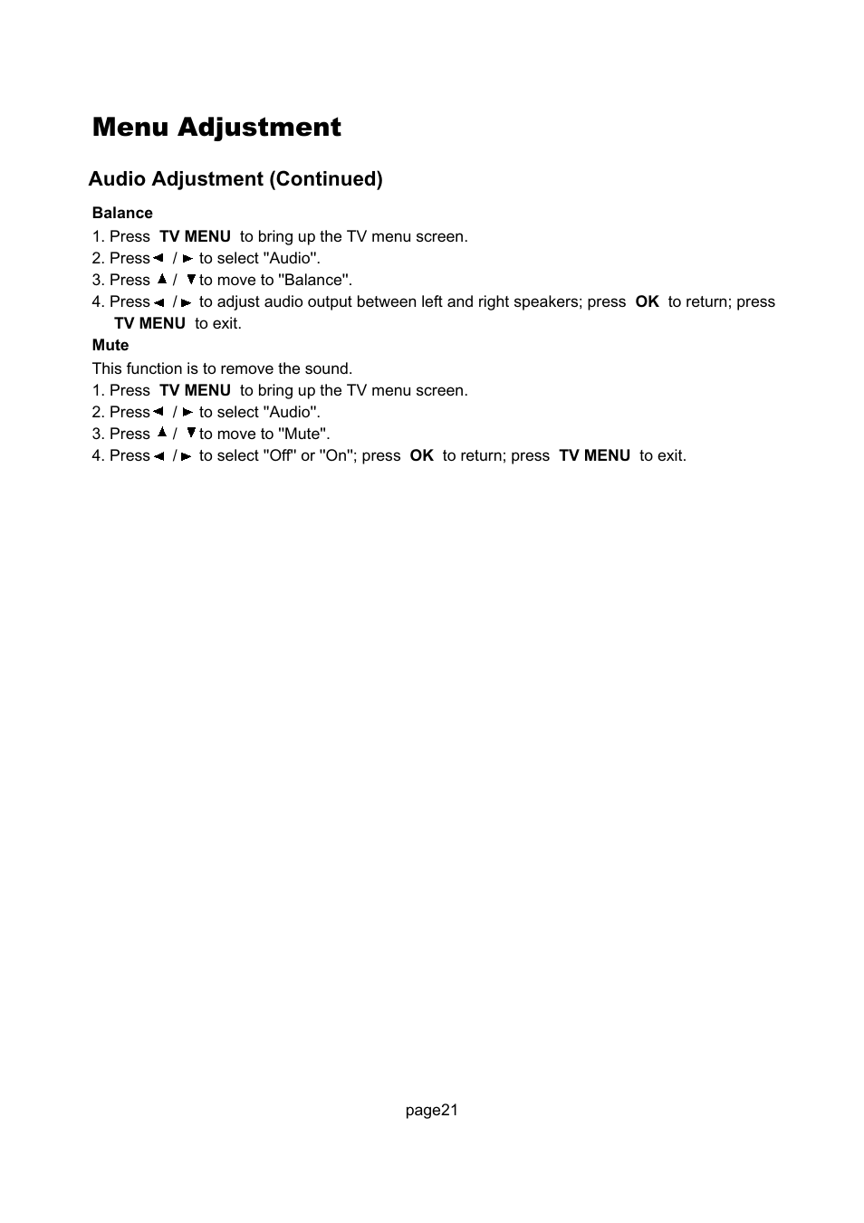 Menu adjustment | Philips Magnavox 17MD250V User Manual | Page 24 / 49