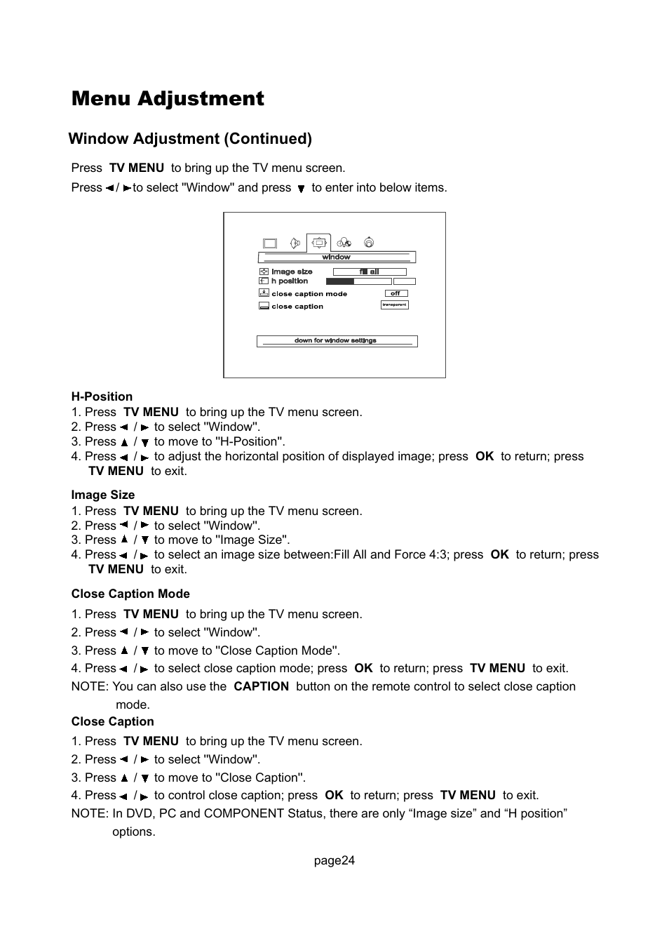 Menu adjustment, Window adjustment (continued) | Philips Magnavox 17MD250V User Manual | Page 27 / 49