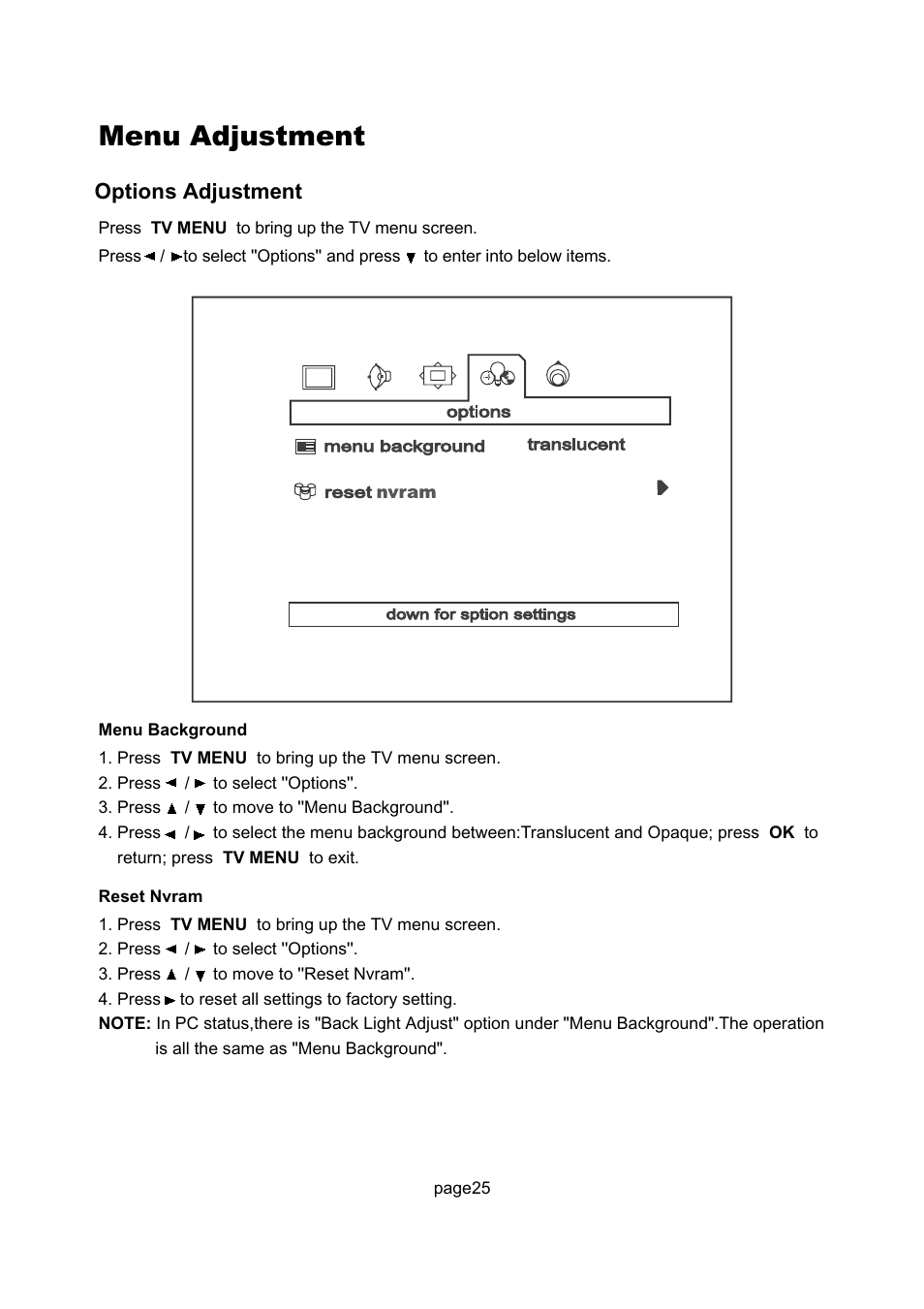 Menu adjustment, Options adjustment | Philips Magnavox 17MD250V User Manual | Page 28 / 49