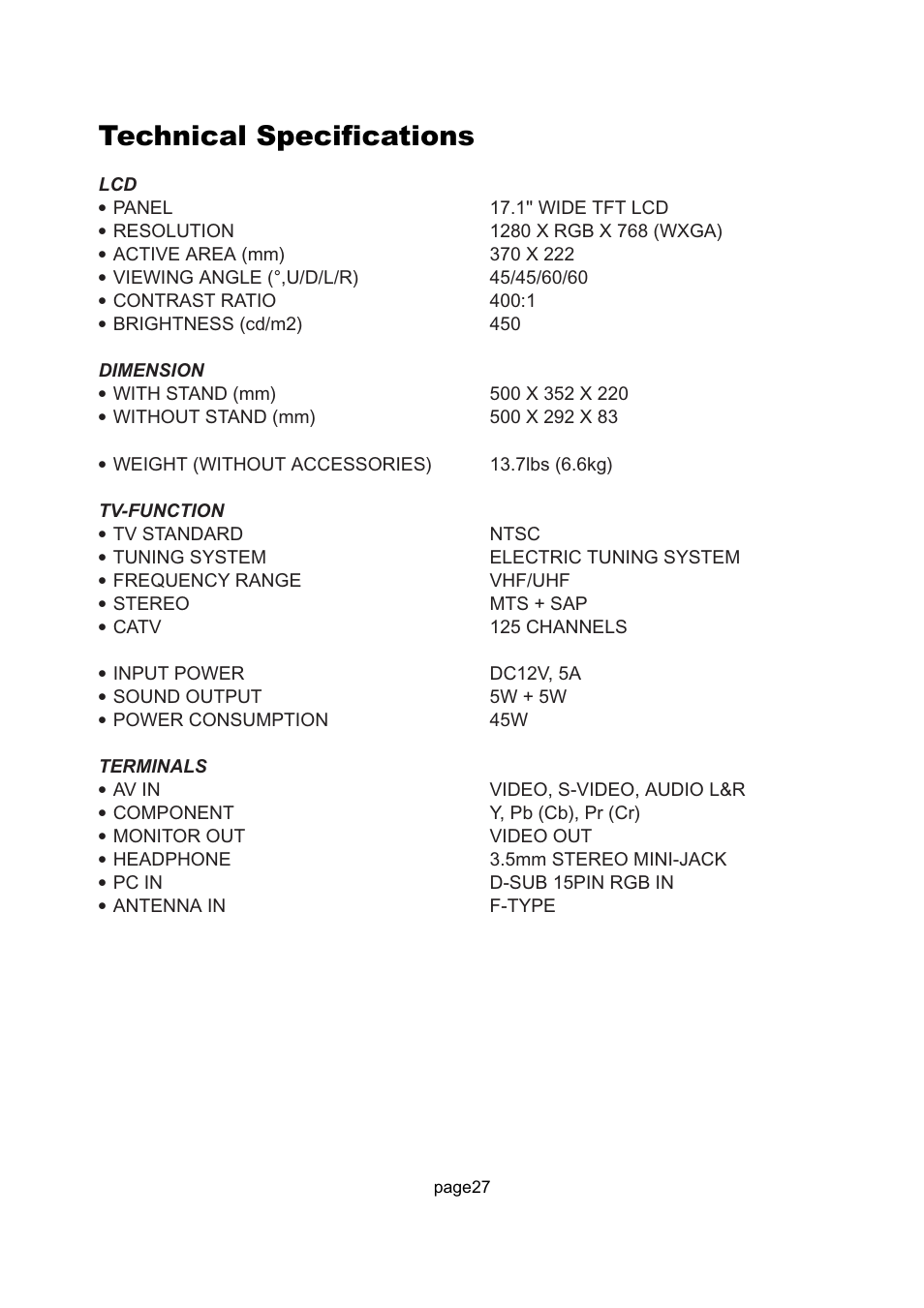 Technical specifications | Philips Magnavox 17MD250V User Manual | Page 30 / 49