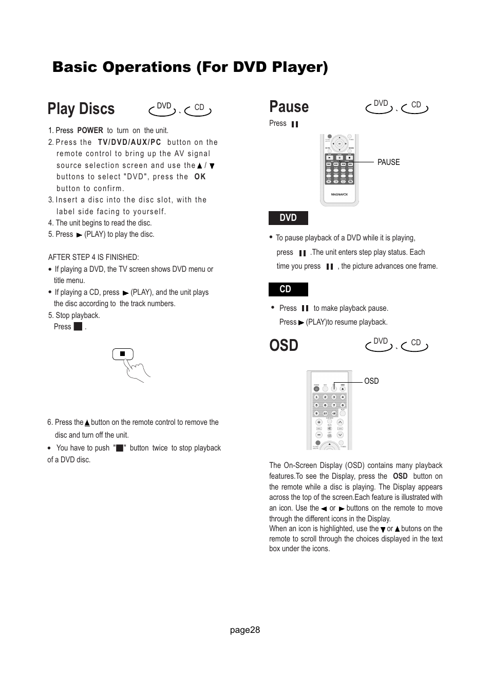 Play discs, Pause, Basic operations (for dvd player) | Philips Magnavox 17MD250V User Manual | Page 31 / 49