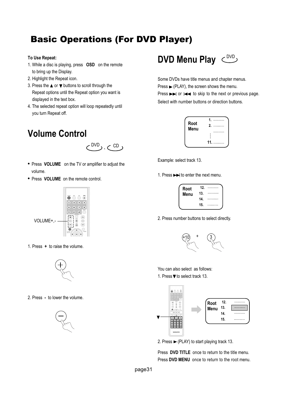 Volume control, Dvd menu play, Basic operations (for dvd player) | Philips Magnavox 17MD250V User Manual | Page 34 / 49