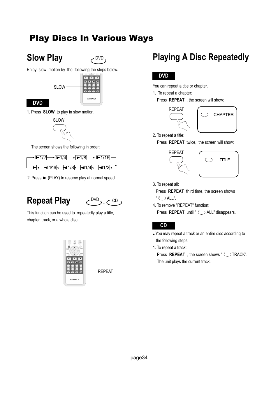 Slow play, Repeat play, Playing a disc repeatedly | Play discs in various ways | Philips Magnavox 17MD250V User Manual | Page 37 / 49