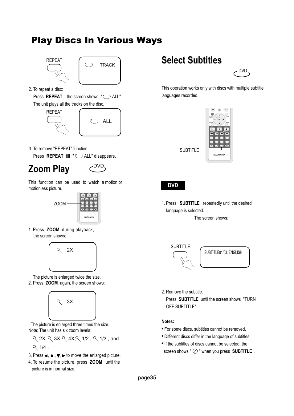 Select subtitles, Zoom play, Play discs in various ways | Philips Magnavox 17MD250V User Manual | Page 38 / 49