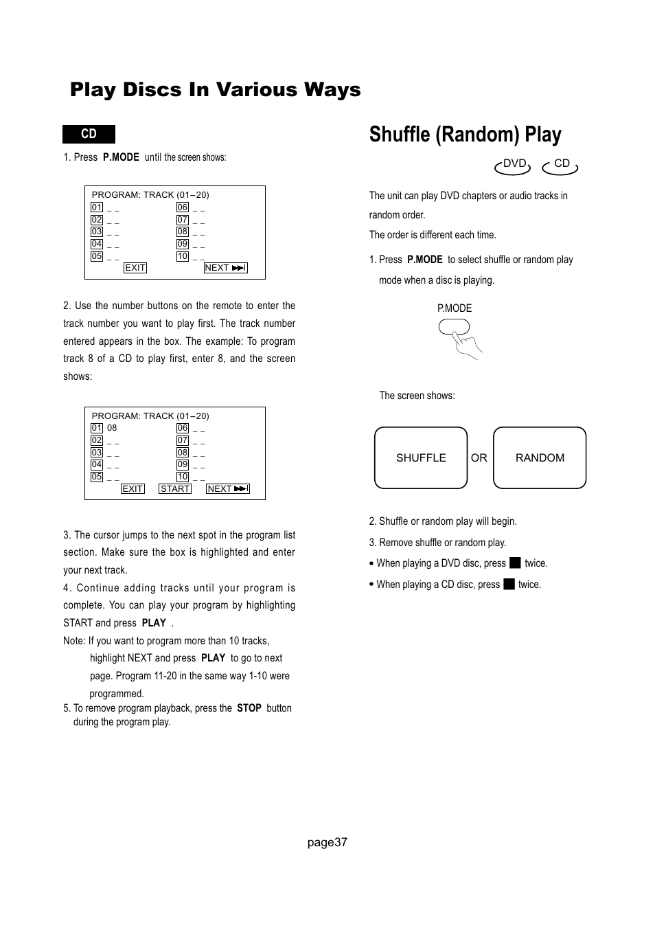 Shuffle (random) play, Play discs in various ways | Philips Magnavox 17MD250V User Manual | Page 40 / 49