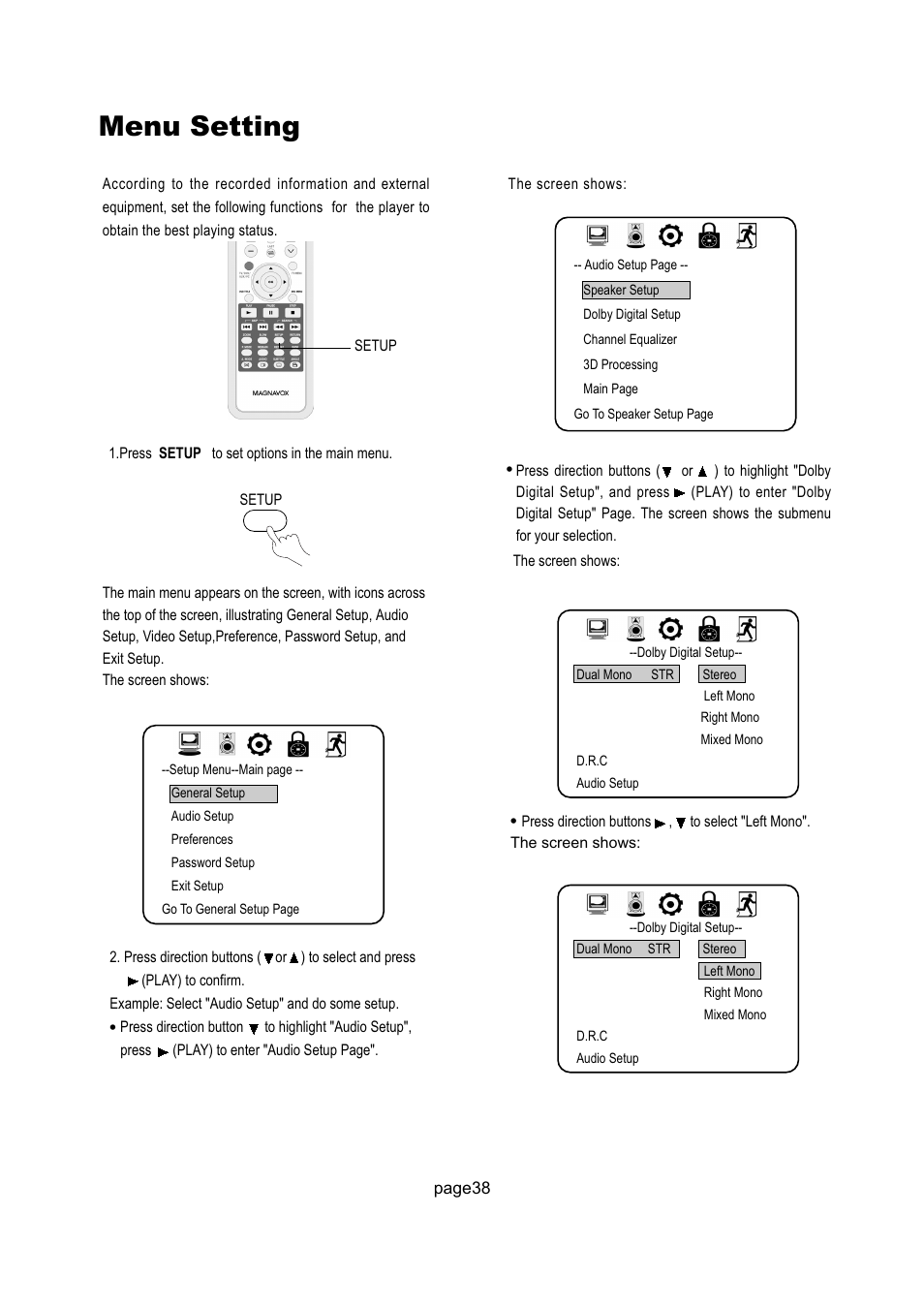 Menu setting | Philips Magnavox 17MD250V User Manual | Page 41 / 49