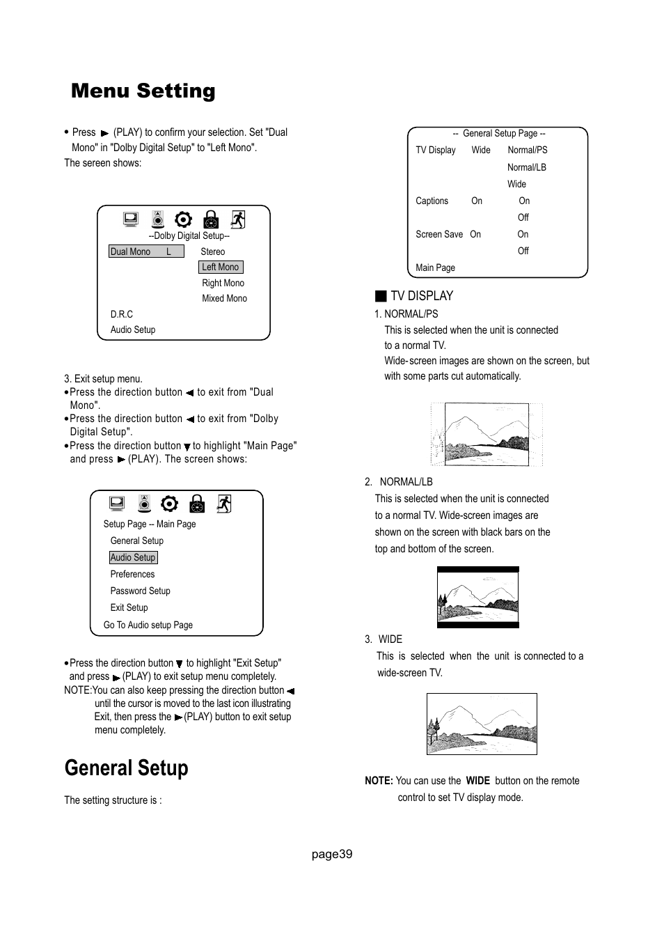 General setup, Menu setting, Tv display | Philips Magnavox 17MD250V User Manual | Page 42 / 49