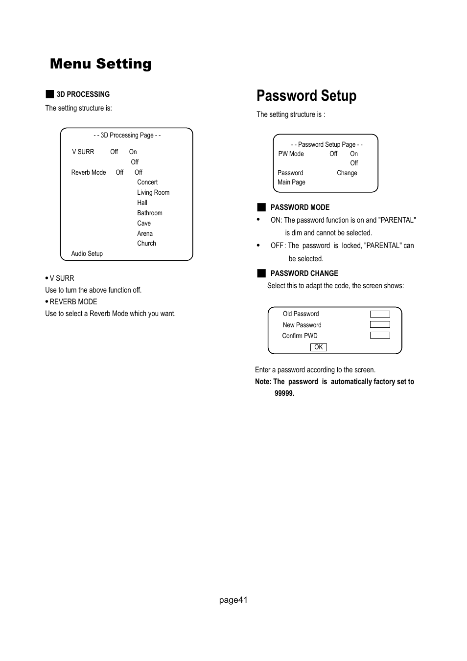 Password setup, Menu setting | Philips Magnavox 17MD250V User Manual | Page 44 / 49