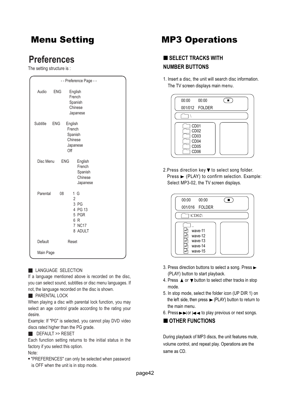 Preferences, Menu setting mp3 operations | Philips Magnavox 17MD250V User Manual | Page 45 / 49