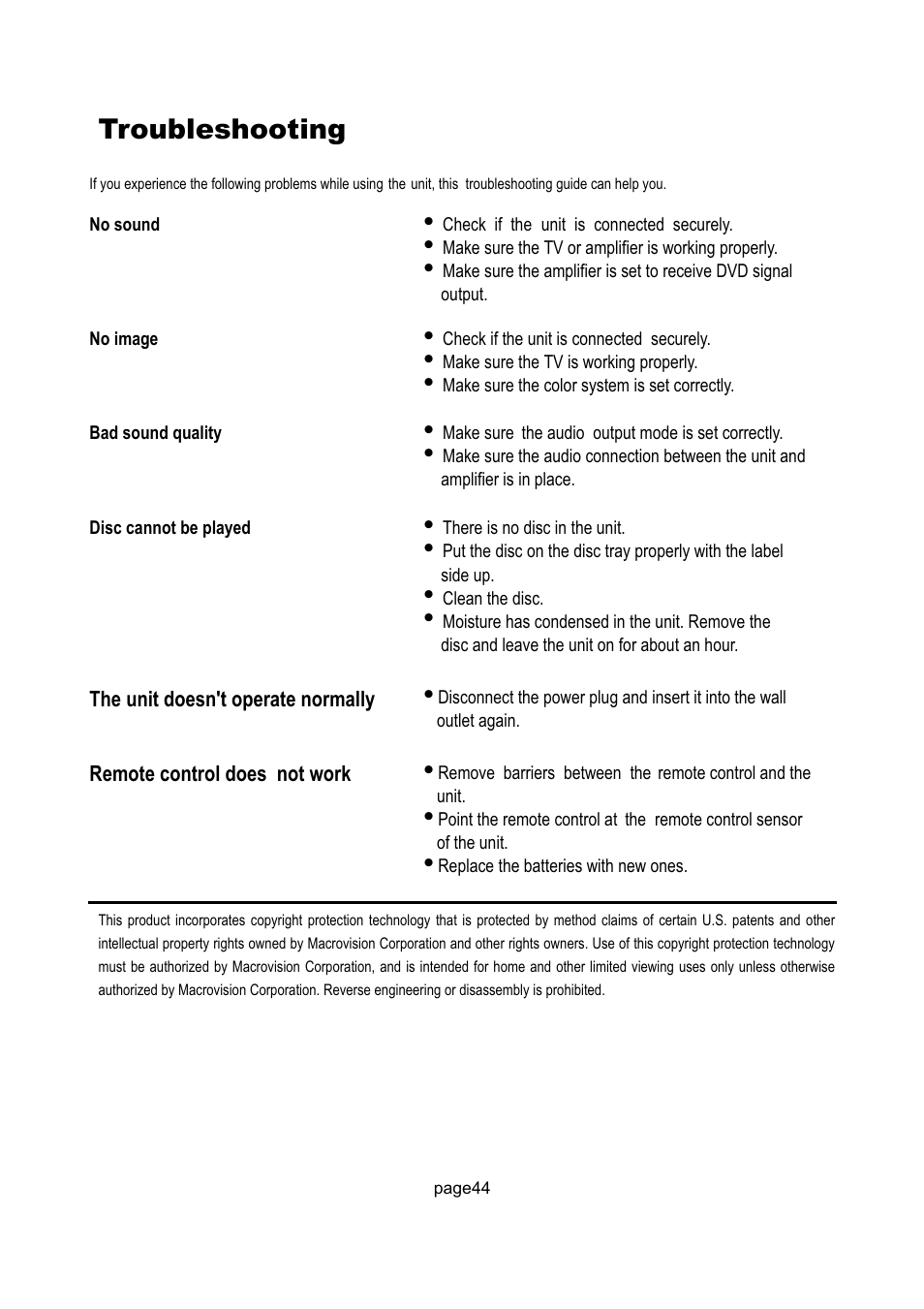 Troubleshooting, Remote control does not work, The unit doesn't operate normally | Philips Magnavox 17MD250V User Manual | Page 47 / 49