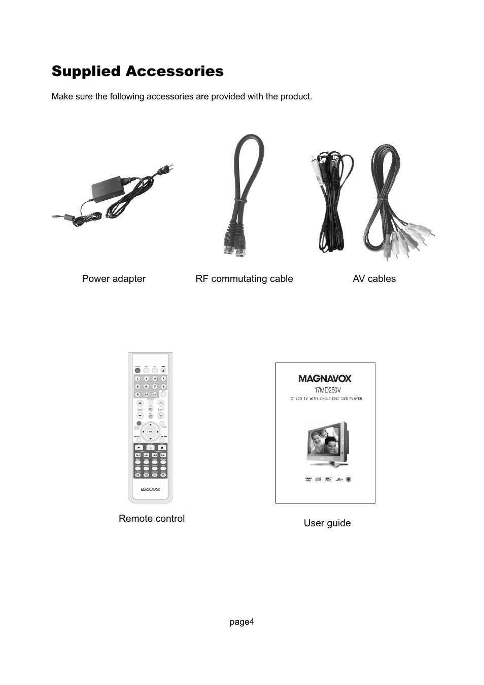 Supplied accessories | Philips Magnavox 17MD250V User Manual | Page 7 / 49