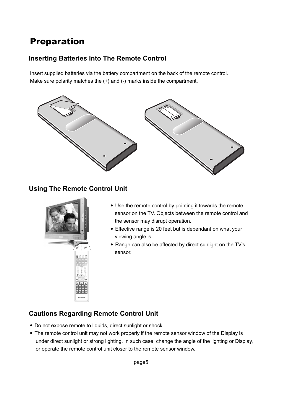 Preparation, Inserting batteries into the remote control, Cautions regarding remote control unit | Using the remote control unit | Philips Magnavox 17MD250V User Manual | Page 8 / 49