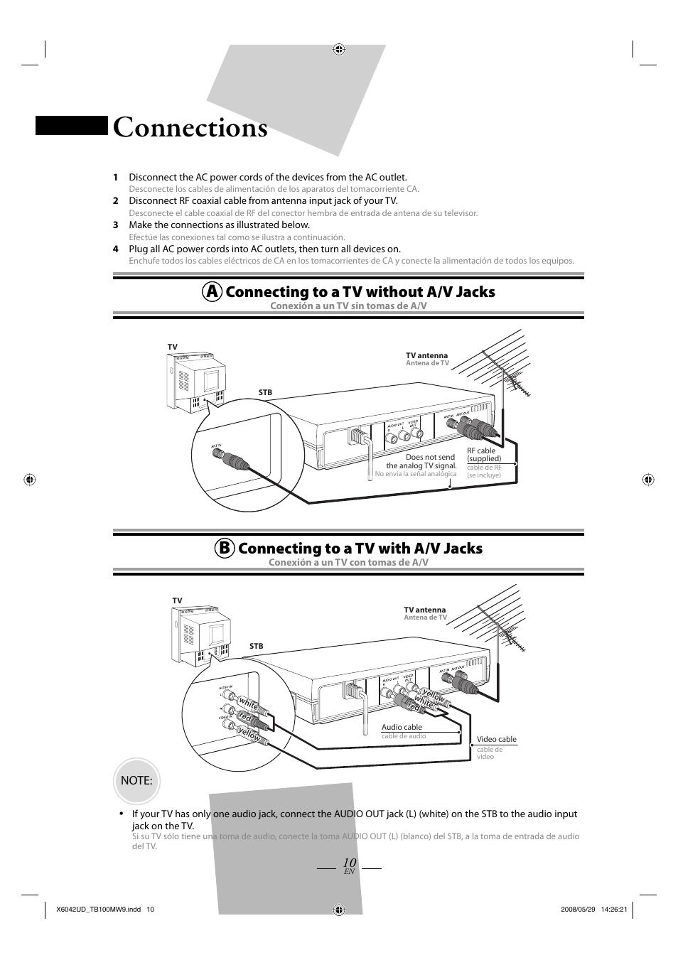 Connections, Connecting to a tv without a/v jacks, Connecting to a tv with a/v jacks | Philips Magnavox TB100MW9 User Manual | Page 10 / 28