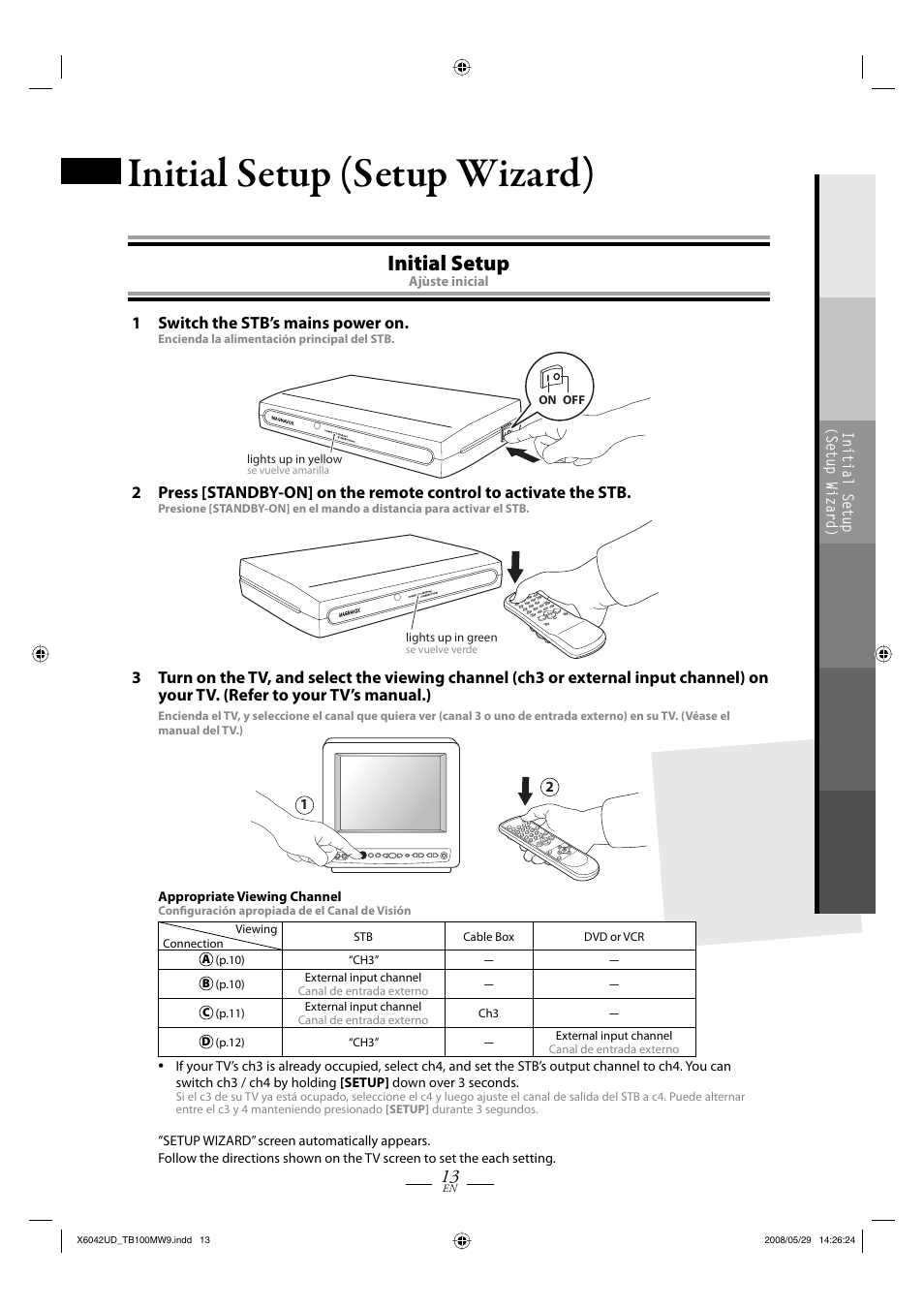 Initial setup (setup wizard), Initial setup, 1 switch the stb’s mains power on | Philips Magnavox TB100MW9 User Manual | Page 13 / 28