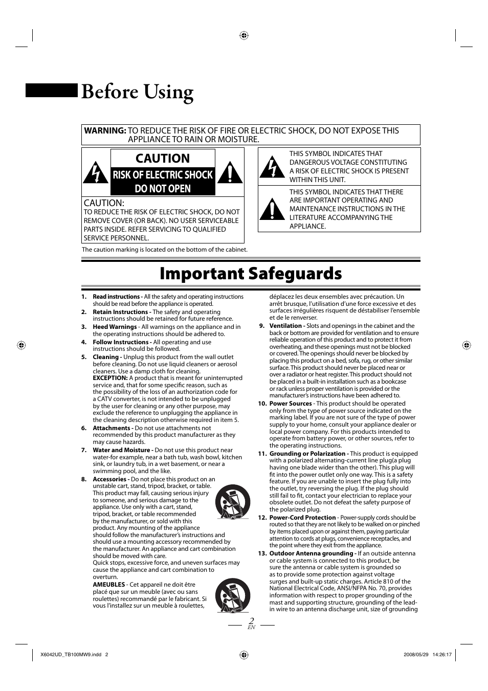 Before using, Important safeguards, Caution | Risk of electric shock do not open | Philips Magnavox TB100MW9 User Manual | Page 2 / 28