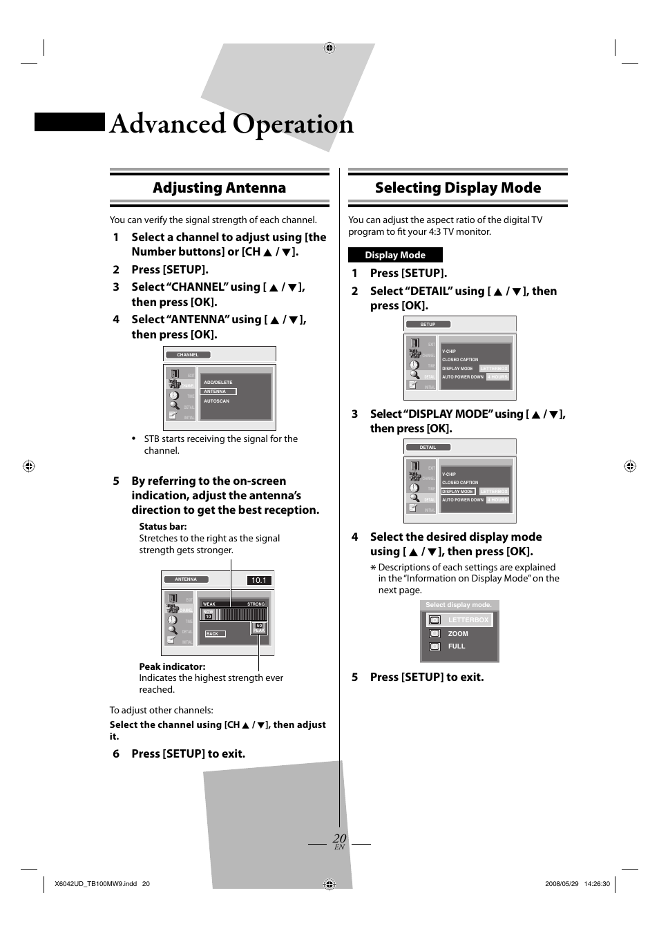 Advanced operation, Adjusting antenna, Selecting display mode | 6 press [setup] to exit, 5 press [setup] to exit | Philips Magnavox TB100MW9 User Manual | Page 20 / 28