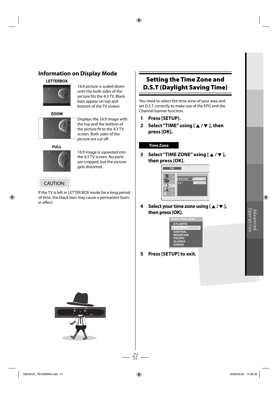 Information on display mode, Caution, 5 press [setup] to exit | Philips Magnavox TB100MW9 User Manual | Page 21 / 28