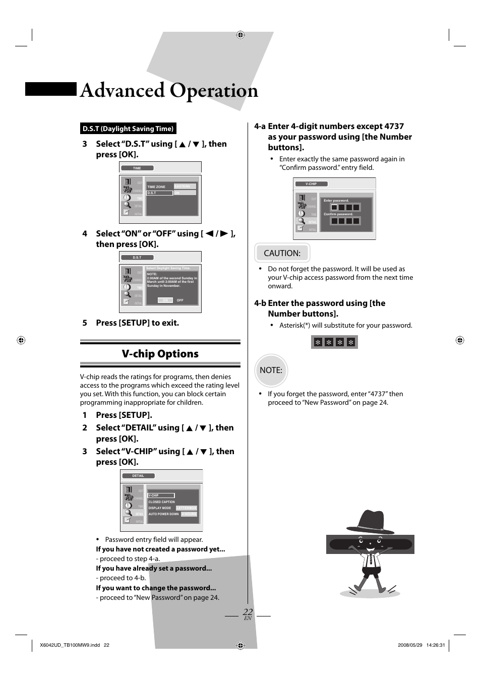 Advanced operation, V-chip options, 3 select “d.s.t” using [ k / l ], then press [ok | 5 press [setup] to exit, Caution, B enter the password using [the number buttons | Philips Magnavox TB100MW9 User Manual | Page 22 / 28