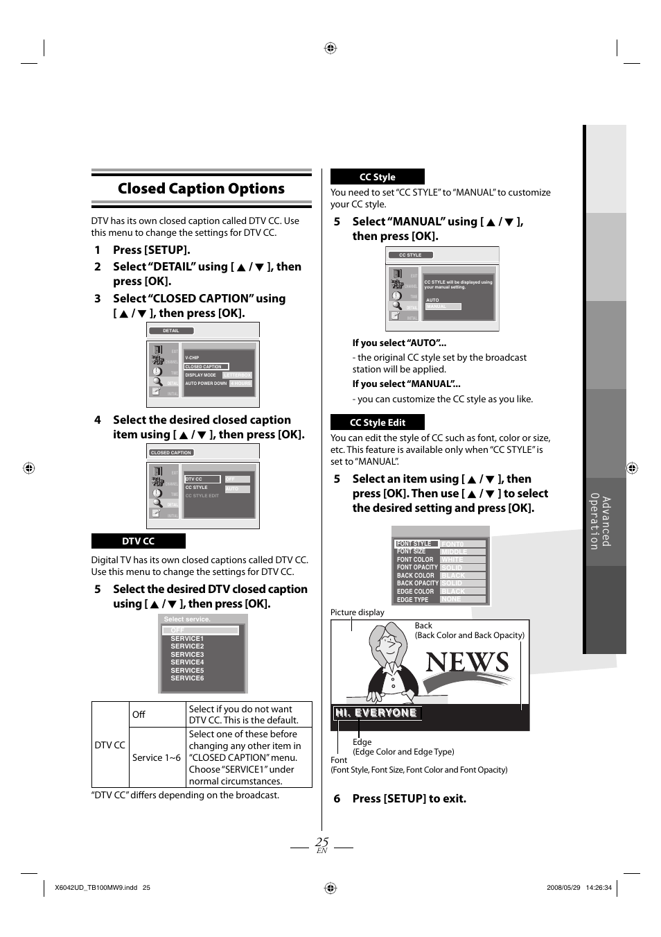 Closed caption options, 5 select “manual” using [ k / l ], then press [ok, 6 press [setup] to exit | Advanced operation | Philips Magnavox TB100MW9 User Manual | Page 25 / 28