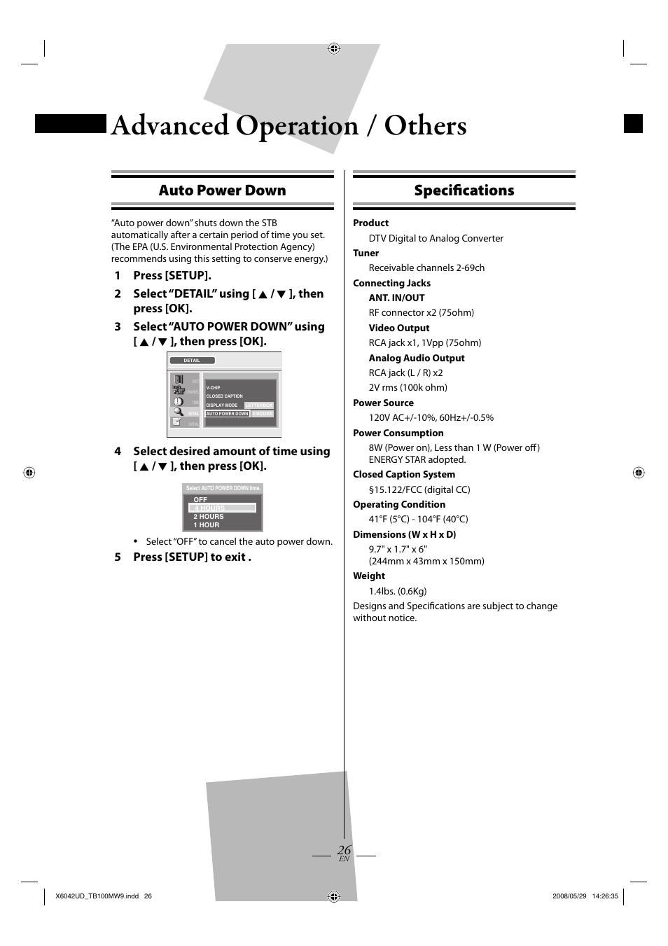 Advanced operation, Others, Auto power down | Specifi cations | Philips Magnavox TB100MW9 User Manual | Page 26 / 28