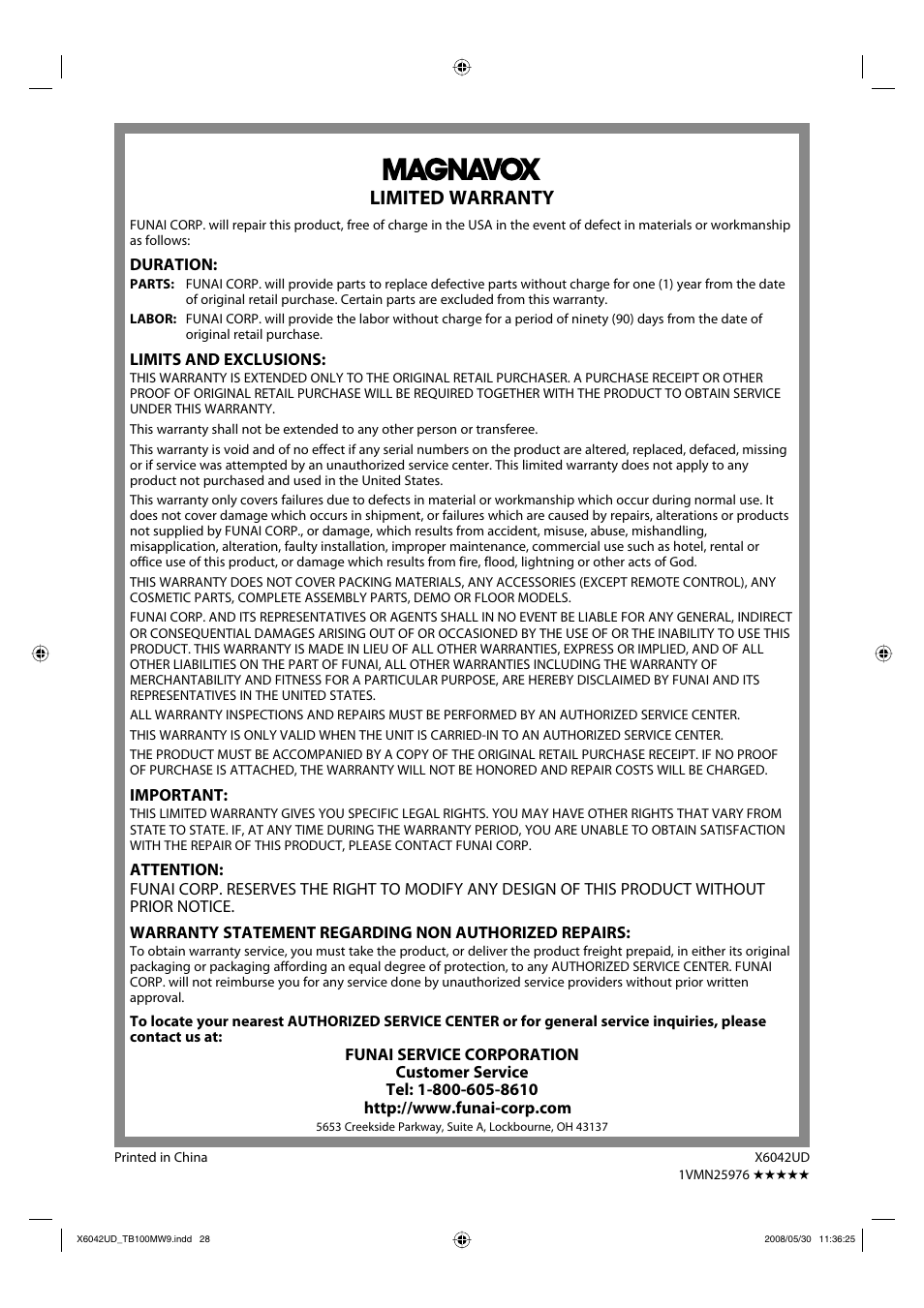 Limited warranty | Philips Magnavox TB100MW9 User Manual | Page 28 / 28