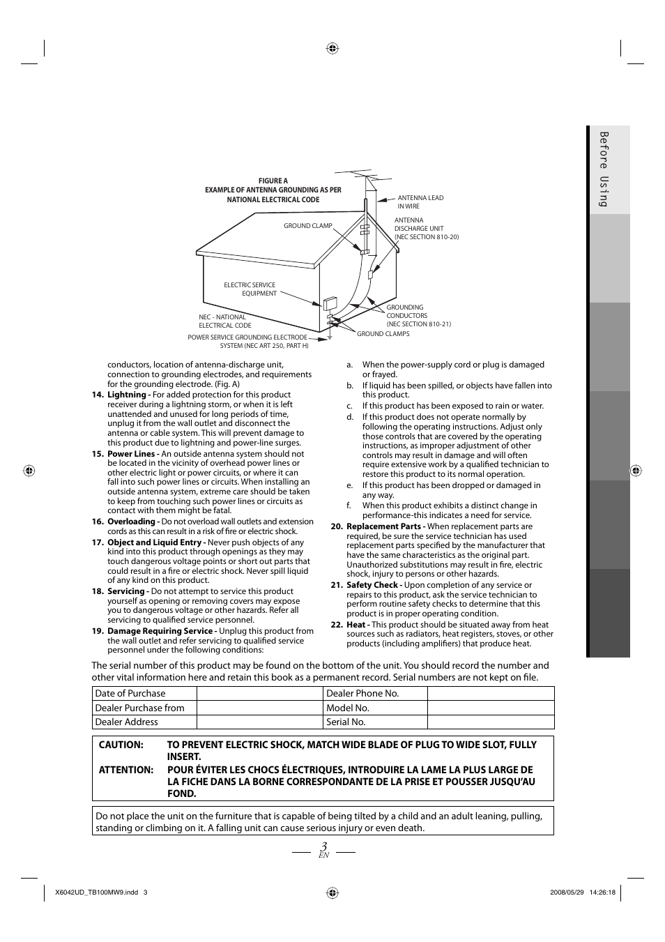 Before using | Philips Magnavox TB100MW9 User Manual | Page 3 / 28