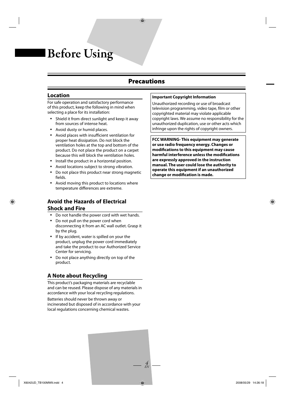 Before using, Precautions | Philips Magnavox TB100MW9 User Manual | Page 4 / 28