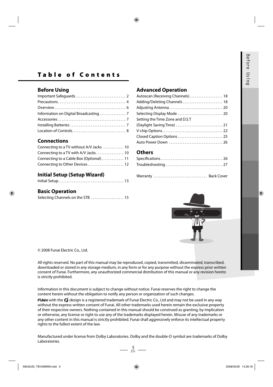 Before using, Connections, Initial setup (setup wizard) | Basic operation, Advanced operation, Others | Philips Magnavox TB100MW9 User Manual | Page 5 / 28