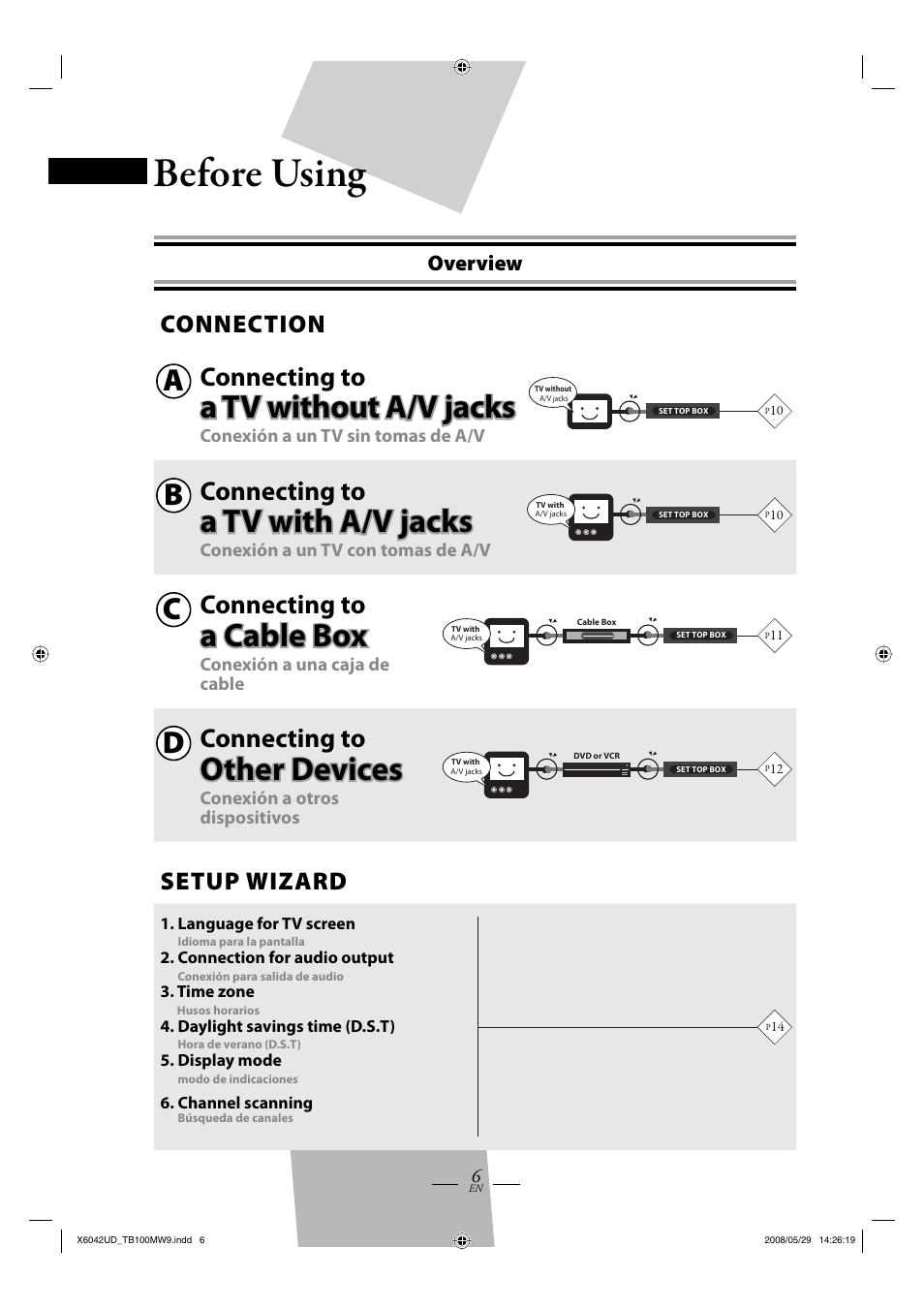 Before using, A tv without a/v jacks, A tv with a/v jacks | A cable box, Other devices, Connecting to, Connection, Setup wizard, Overview | Philips Magnavox TB100MW9 User Manual | Page 6 / 28