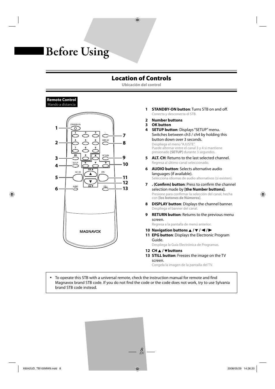 Before using, Location of controls | Philips Magnavox TB100MW9 User Manual | Page 8 / 28