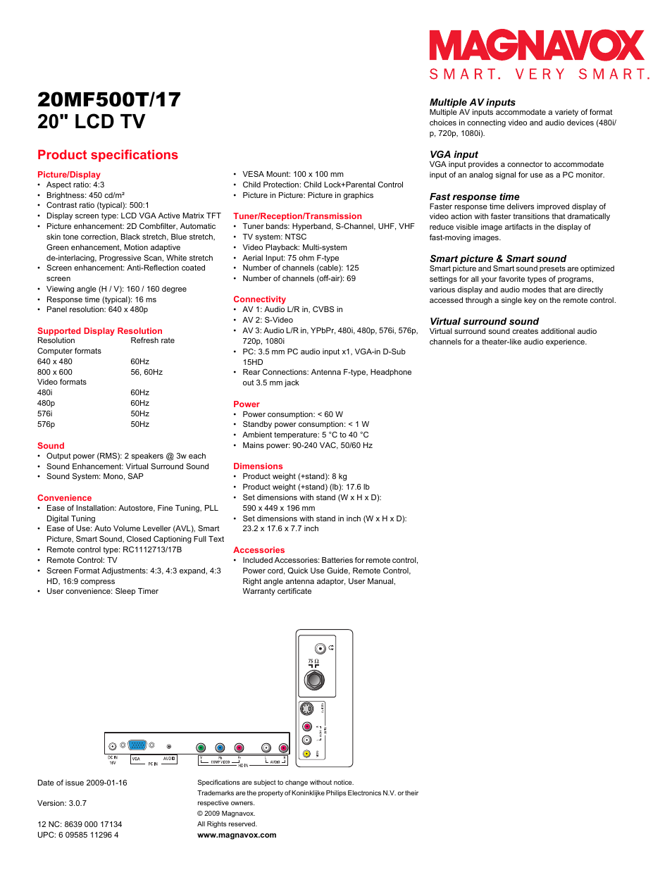 20" lcd tv, Product specifications | Philips Magnavox 20MF500T User Manual | Page 2 / 2