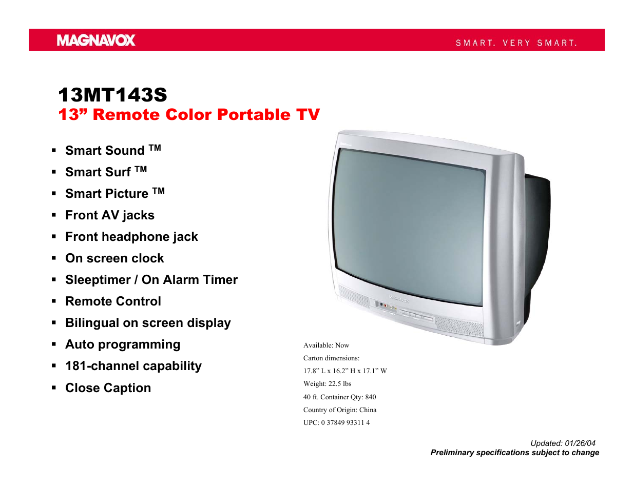 Philips Magnavox 13MT143S User Manual | 1 page