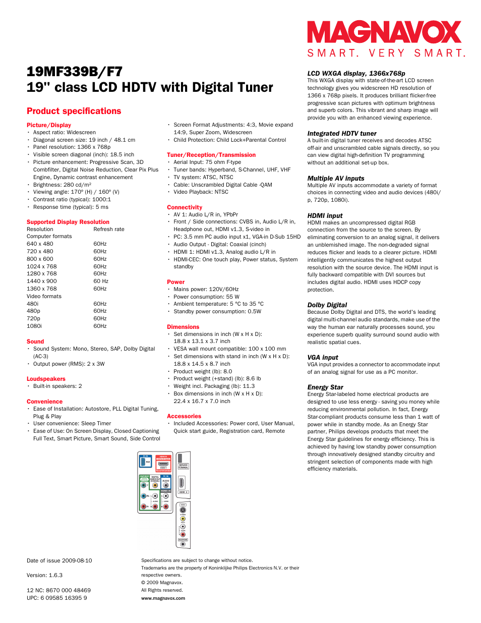 19" class lcd hdtv with digital tuner, Product specifications | Philips Magnavox 19MF339B User Manual | Page 2 / 3