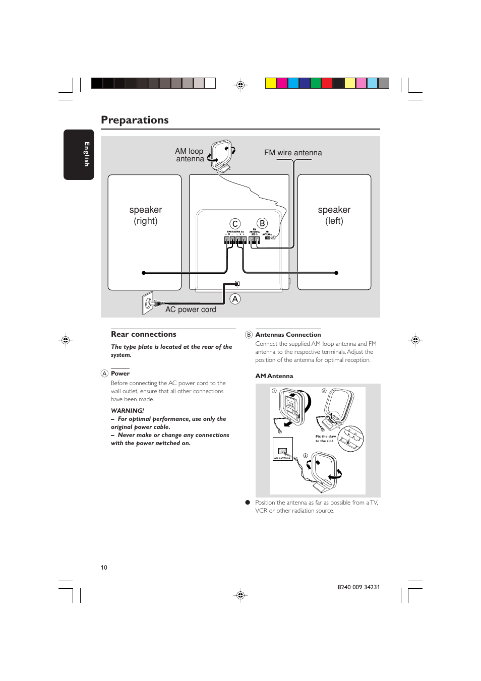 Ab c, Preparations, Speaker (right) speaker (left) | Philips Magnavox MAS-100/37 User Manual | Page 10 / 29