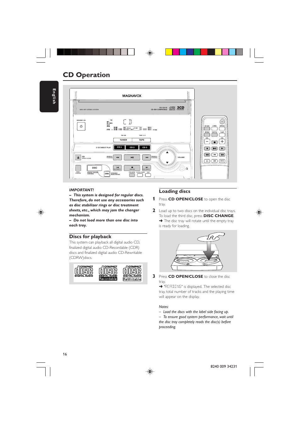 Cd operation, Discs for playback, Loading discs 1 | Open•close | Philips Magnavox MAS-100/37 User Manual | Page 16 / 29