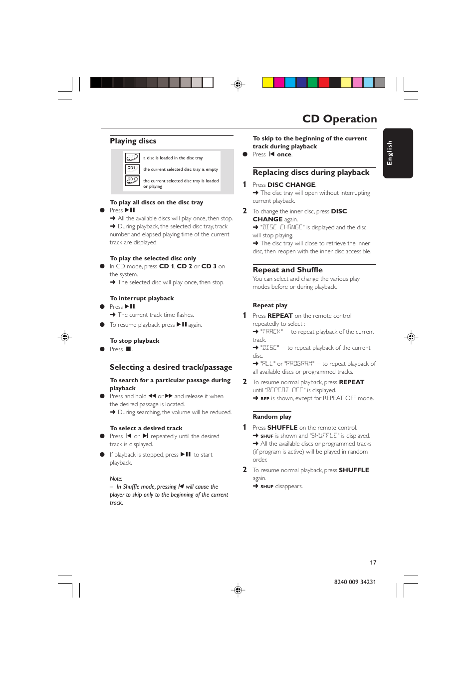 Cd operation, Playing discs, Selecting a desired track/passage | Replacing discs during playback 1, Repeat and shuffle | Philips Magnavox MAS-100/37 User Manual | Page 17 / 29