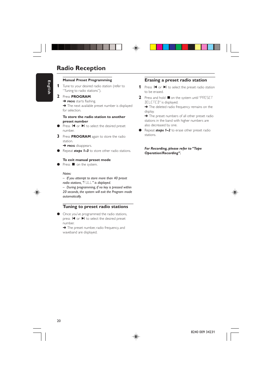 Radio reception | Philips Magnavox MAS-100/37 User Manual | Page 20 / 29