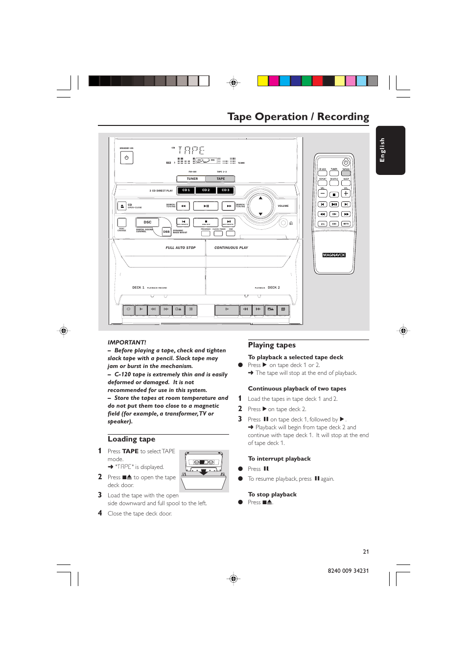 Tape operation / recording, Loading tape 1, Playing tapes | Philips Magnavox MAS-100/37 User Manual | Page 21 / 29