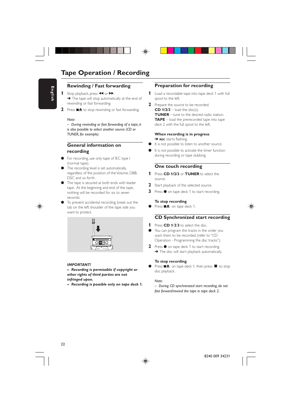 Tape operation / recording | Philips Magnavox MAS-100/37 User Manual | Page 22 / 29