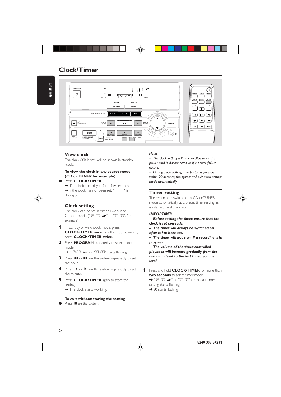 Clock/timer, View clock, Clock setting | Timer setting | Philips Magnavox MAS-100/37 User Manual | Page 24 / 29