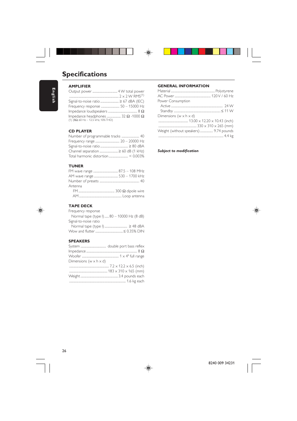 Specifications | Philips Magnavox MAS-100/37 User Manual | Page 26 / 29