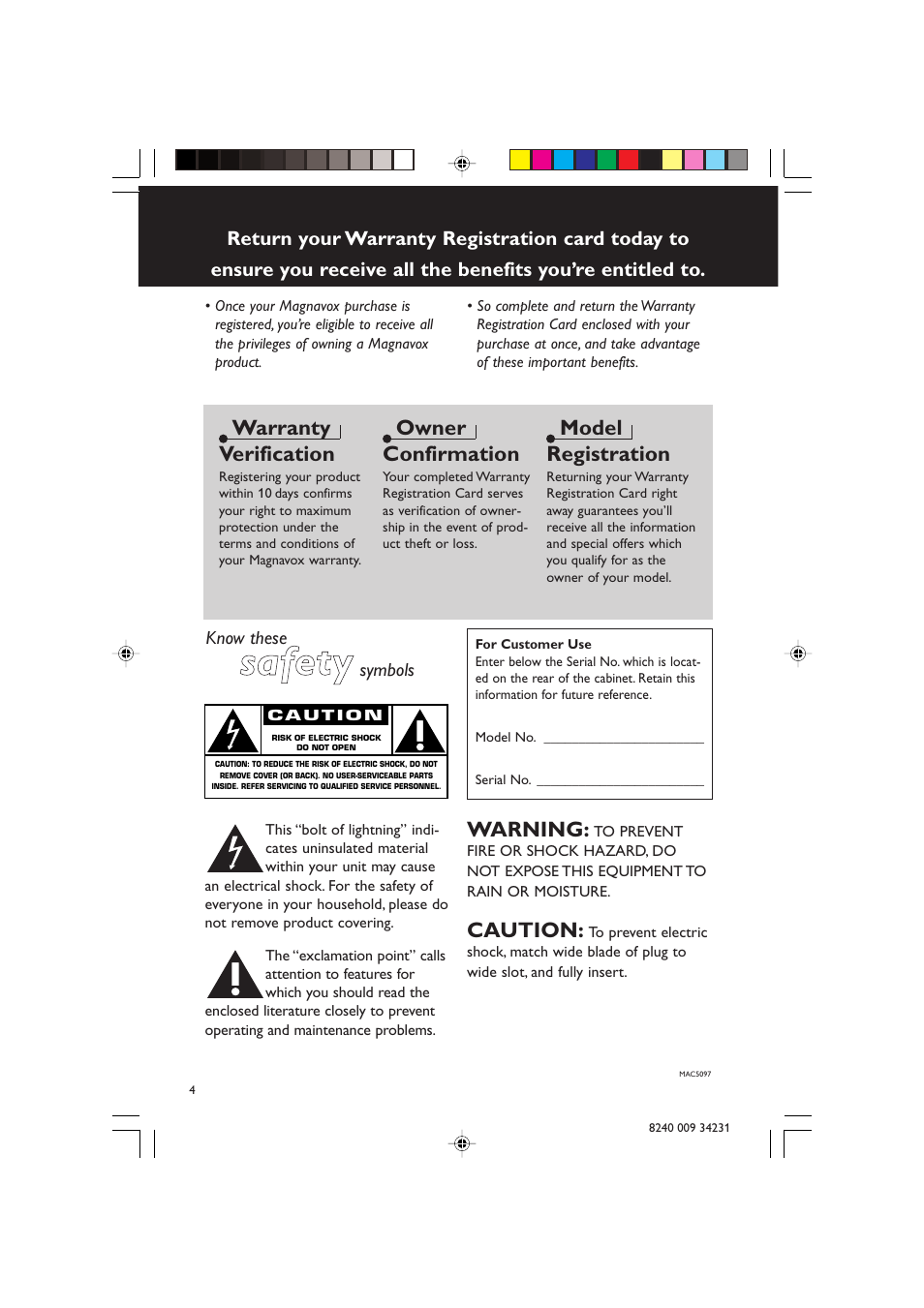 Ssa affe etty y, Warranty verification, Owner confirmation | Model registration, Warning, Caution | Philips Magnavox MAS-100/37 User Manual | Page 4 / 29