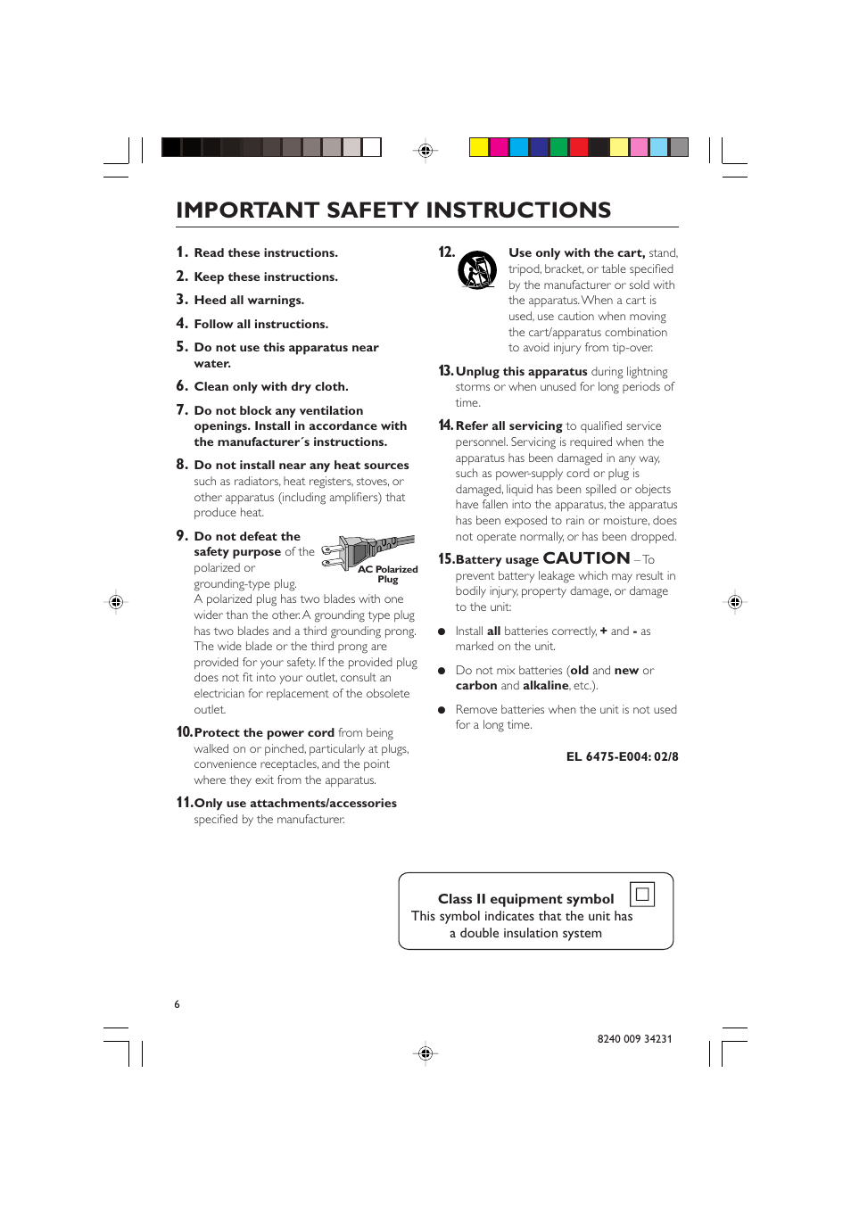 Important safety instructions, Caution | Philips Magnavox MAS-100/37 User Manual | Page 6 / 29