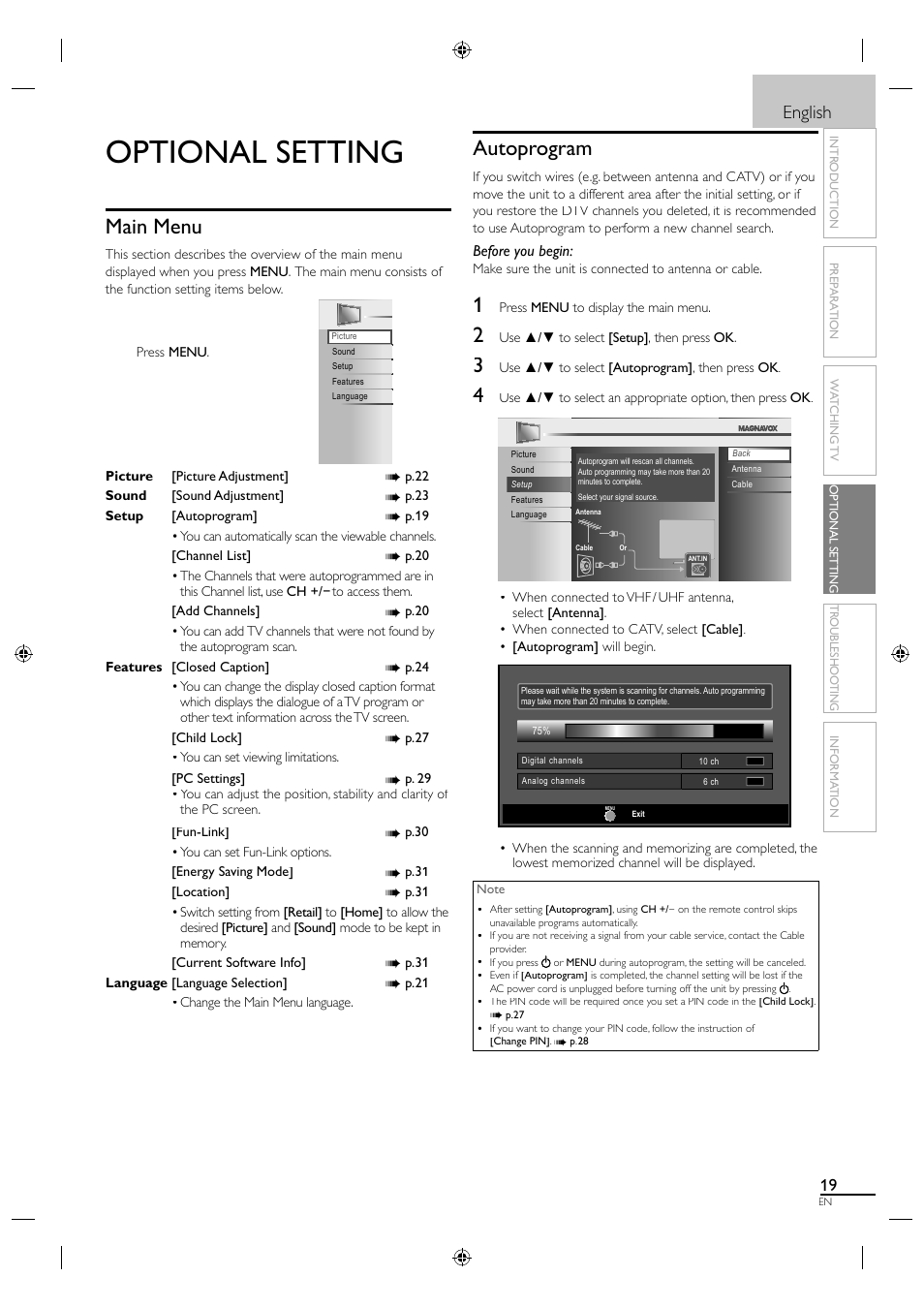 Optional setting, Main menu, Autoprogram | English | Philips Magnavox LCD 19MF330B User Manual | Page 19 / 37