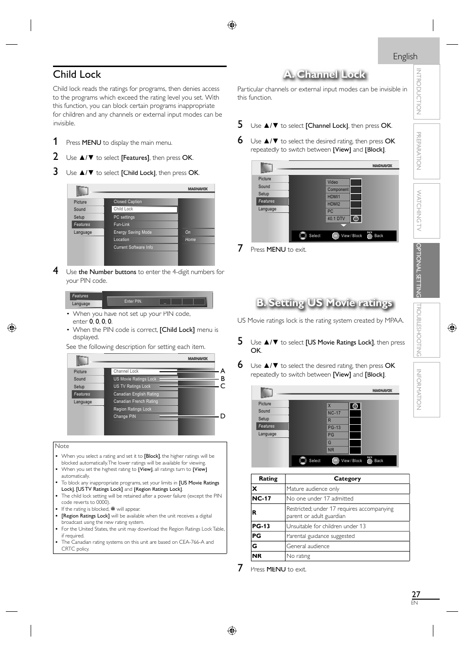 Child lock, A. channel lock, B. setting us movie ratings | English | Philips Magnavox LCD 19MF330B User Manual | Page 27 / 37