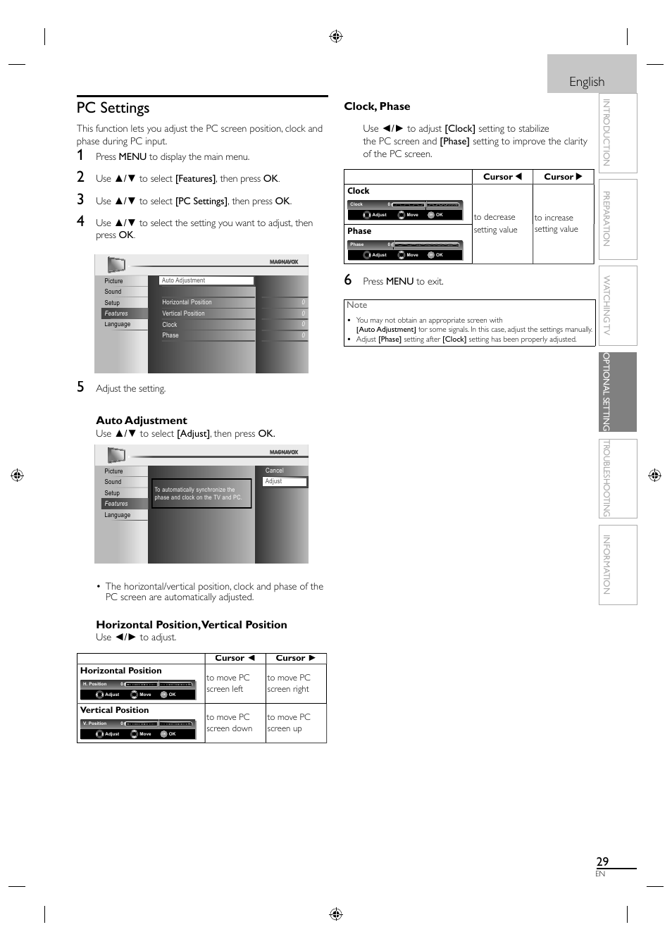 Pc settings, English, Auto adjustment | Horizontal position, vertical position, Clock, phase | Philips Magnavox LCD 19MF330B User Manual | Page 29 / 37